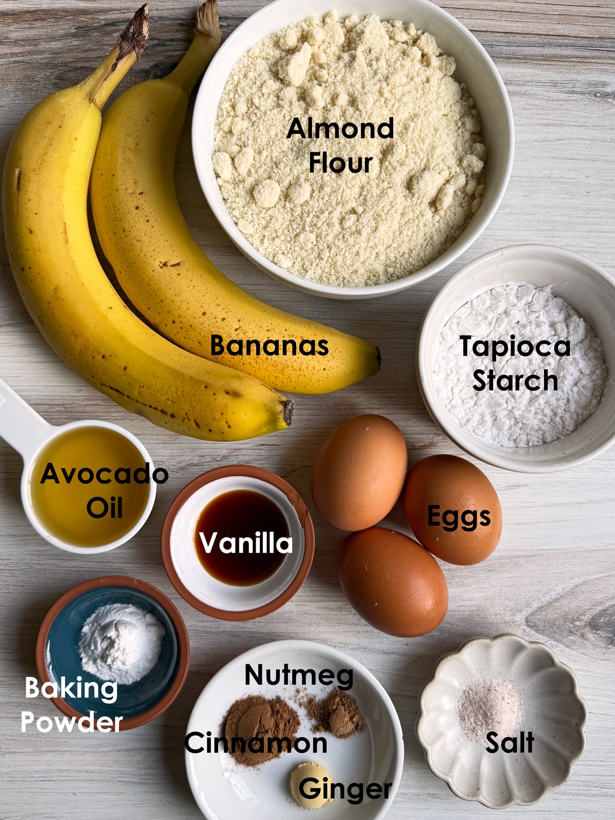 Ingredients needed to make paleo banana muffins.