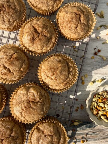 Baked muffins on wire cooling rack.