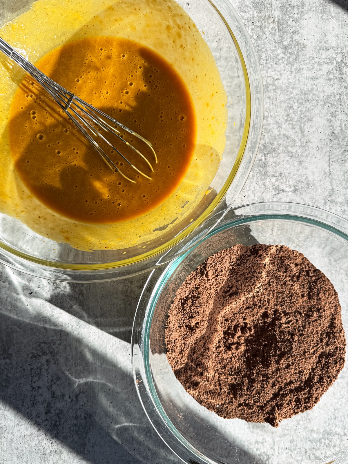Wet ingredients in one bowl and dry in another.