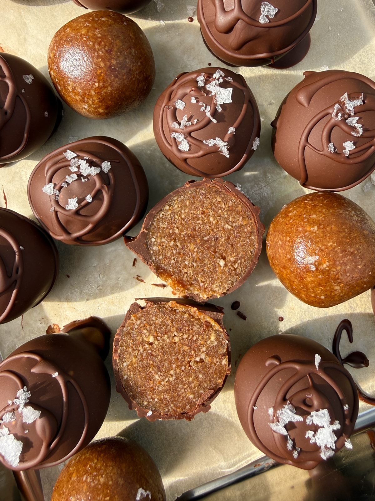 Ball cut in half to show filling.