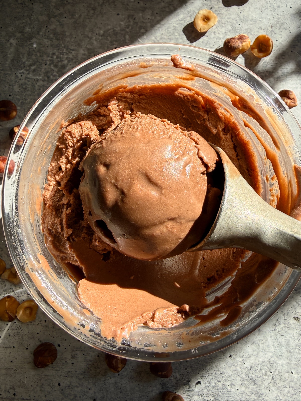 Scoop of chocolate hazelnut ice cream.