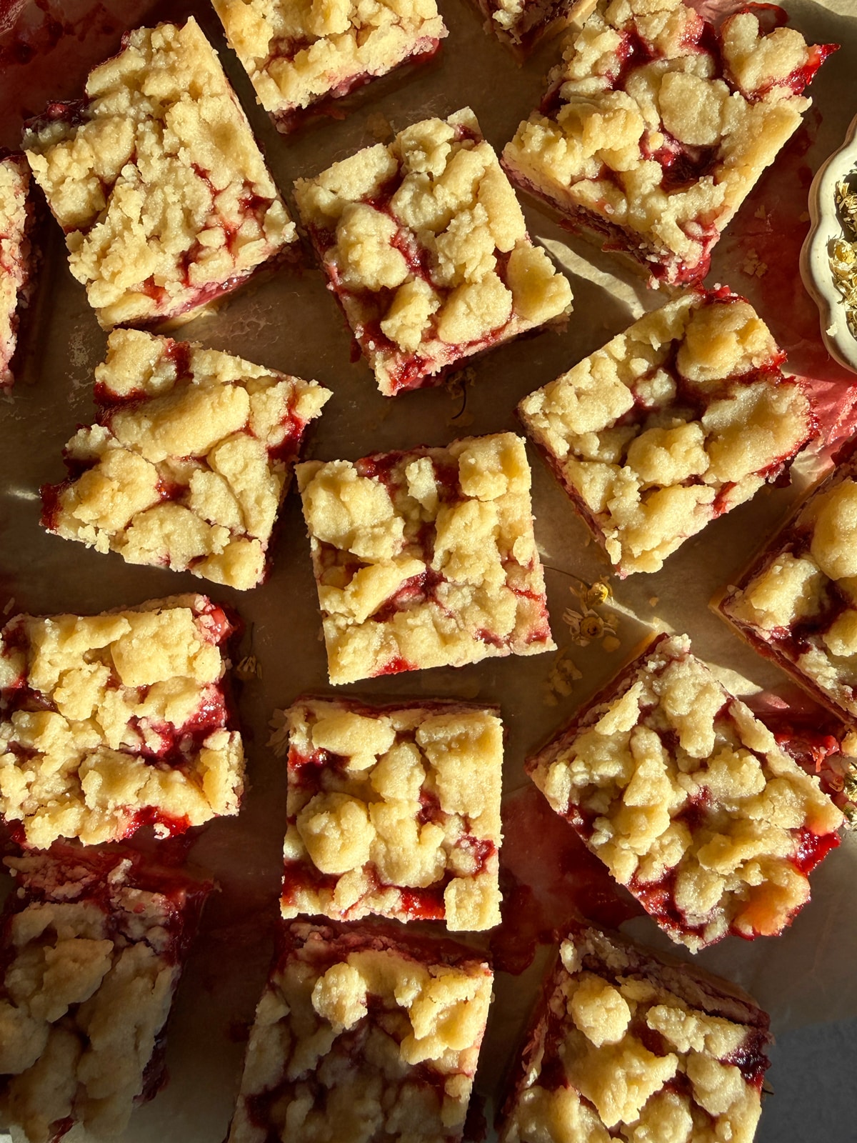 Top down view of strawberry crumb bars.