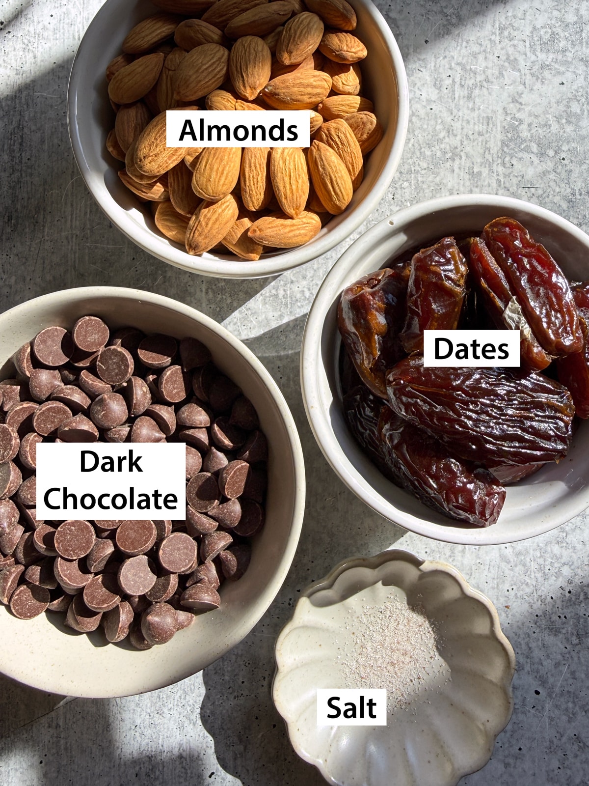 Ingredients needed to make almond date balls.