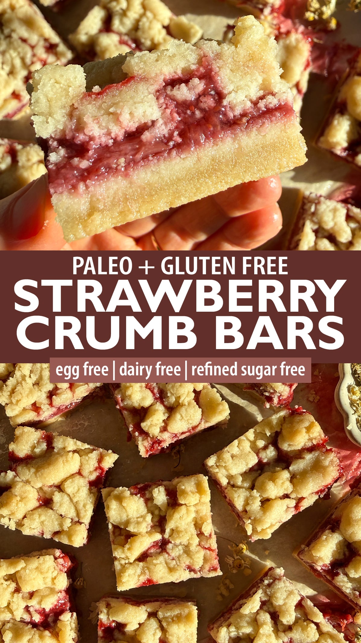 Pinterest image for strawberry crumb bars.
