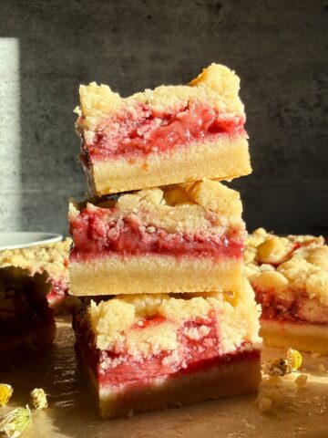 Stack of three strawberry bars.