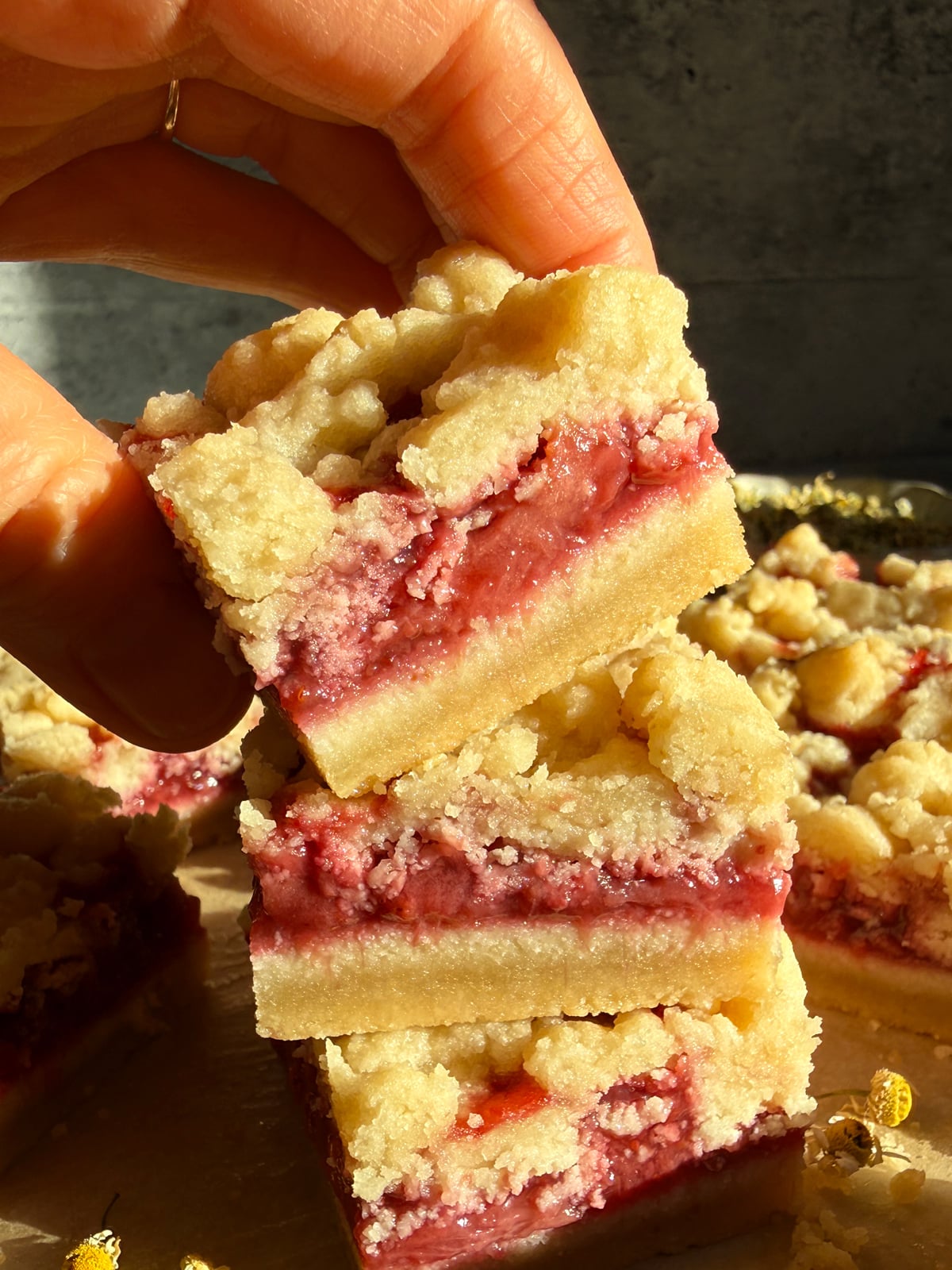 Grabbing a strawberry bar.