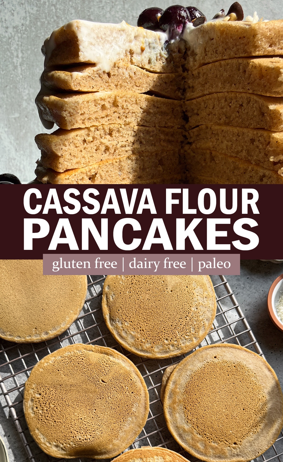 Pinterest image for cassava flour pancakes.