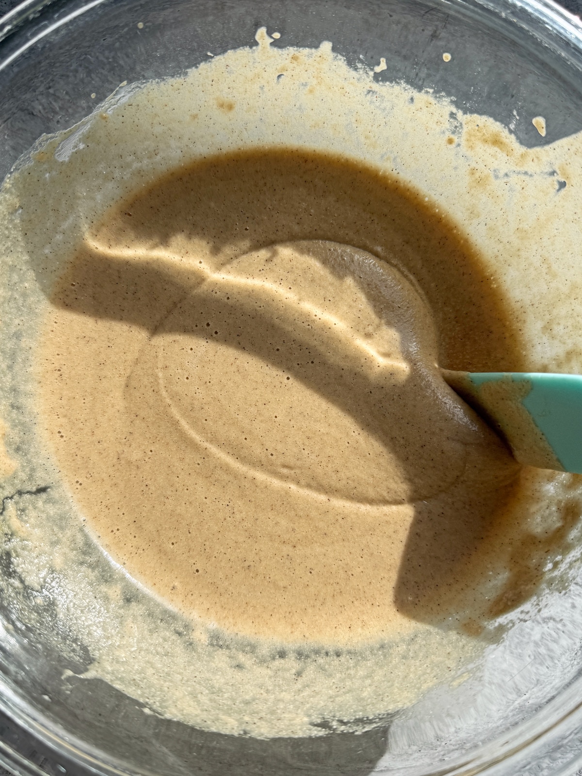 Pancake batter in mixing bowl.