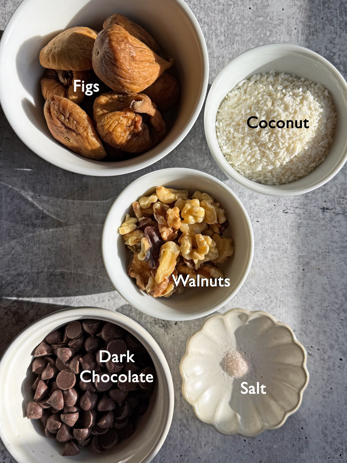 Ingredients in fig truffles.