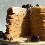 Cut stack of pancakes to show the inside texture.