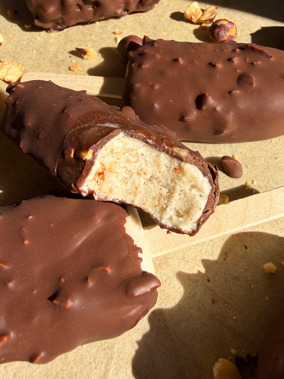 Bite of an ice cream bar to show the inside texture.