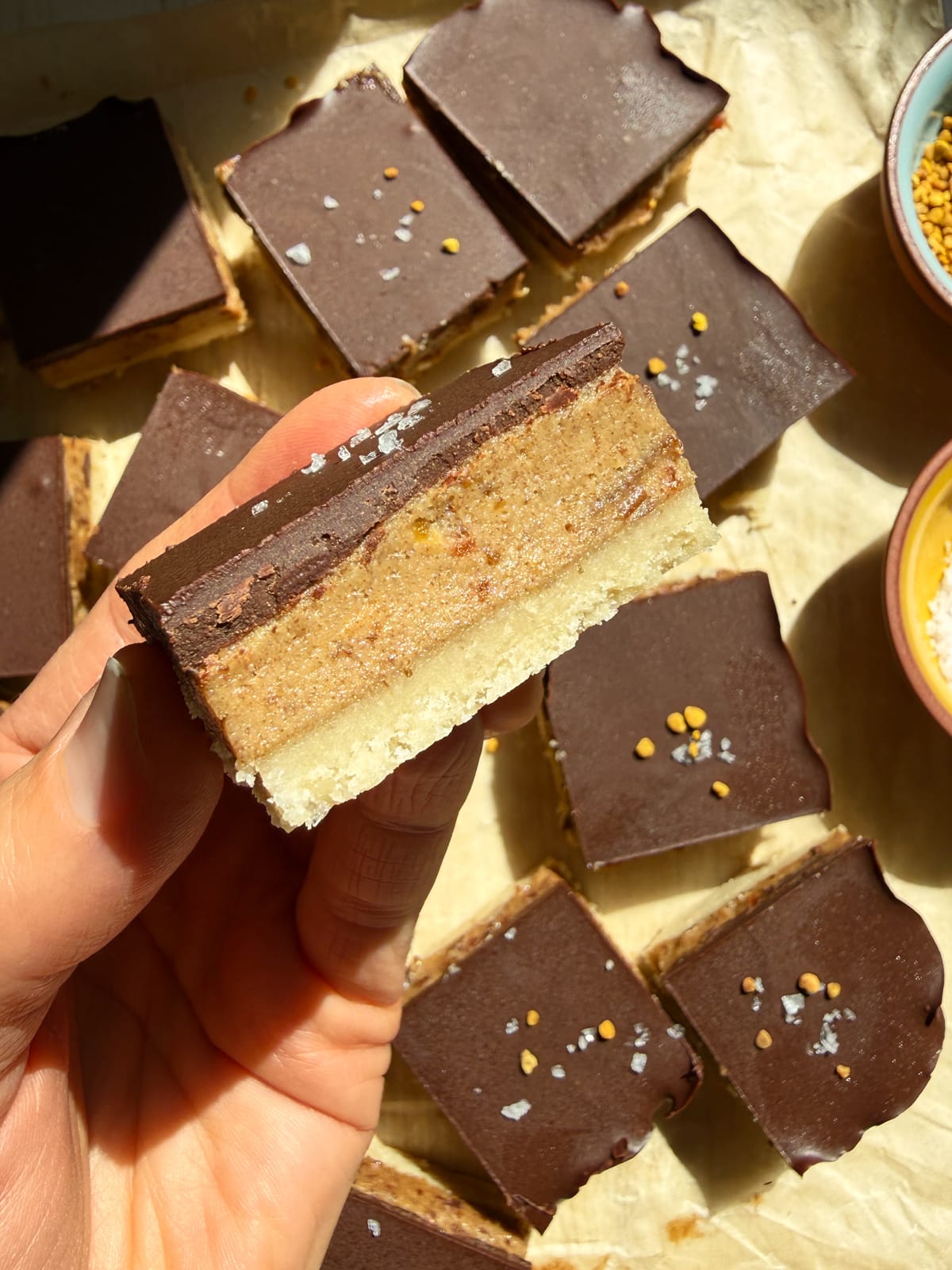 Close up of a paleo millionaire bar.