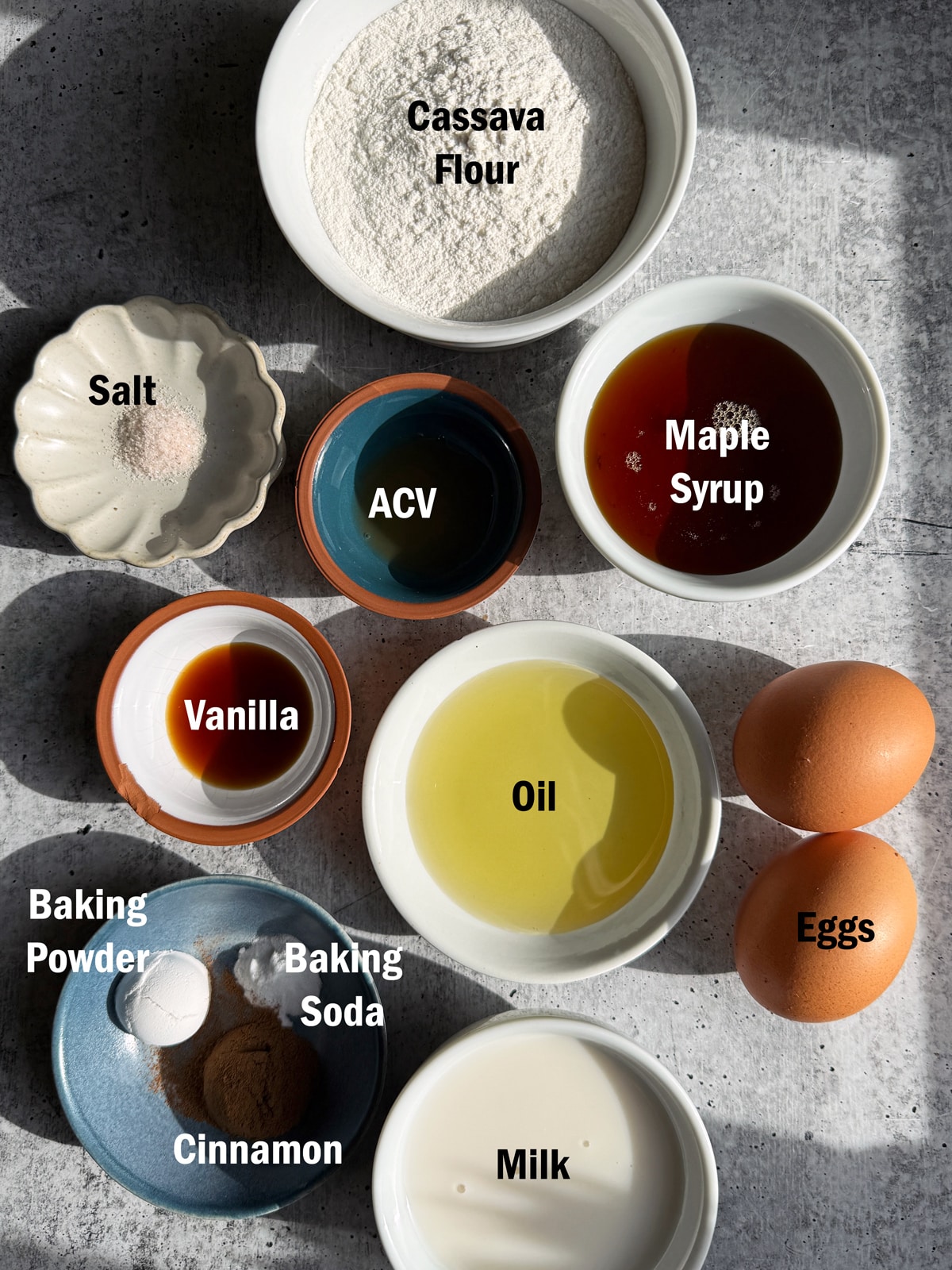 Ingredients needed to make cassava flour pancakes.