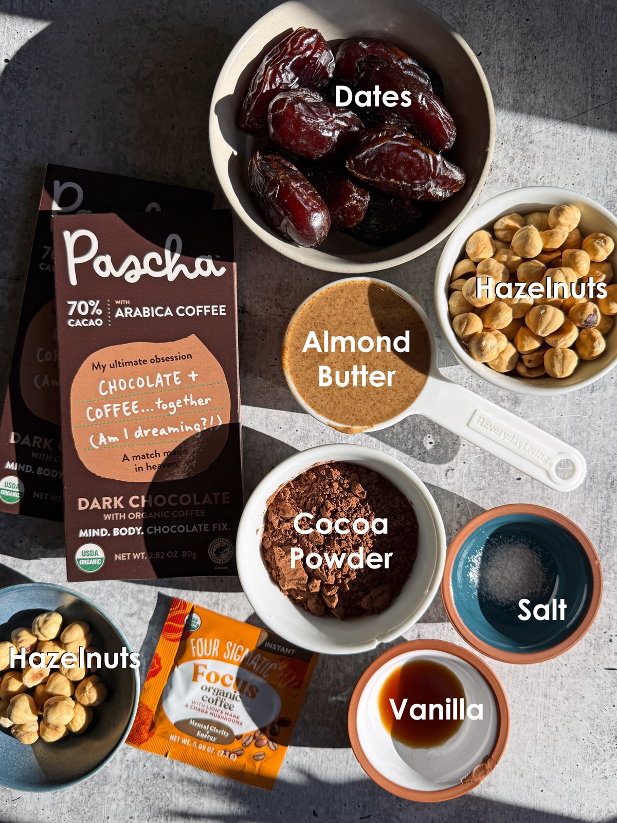 Ingredients needed to make hazelnut coffee bars.