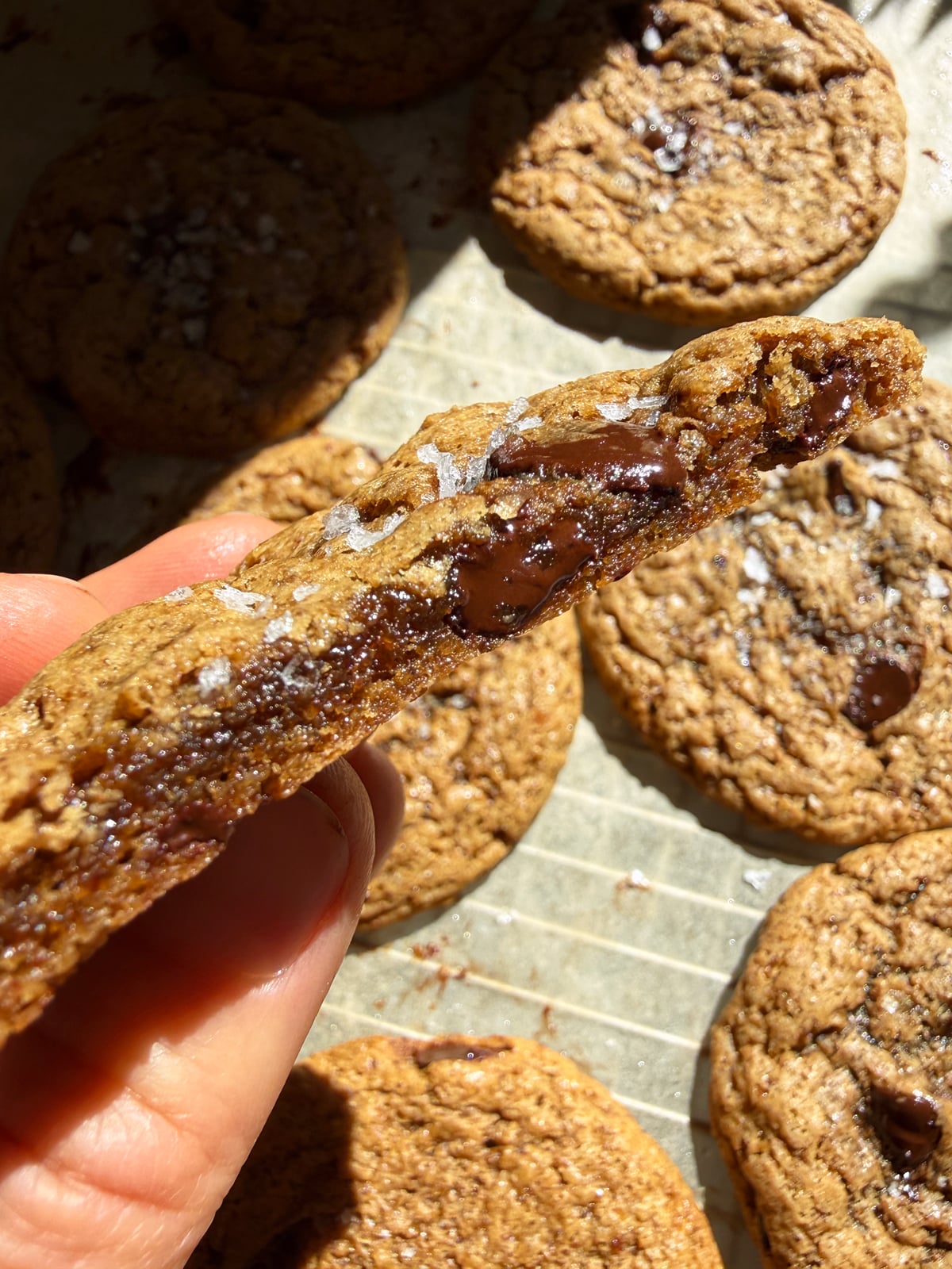 Cookie that's been cut in half to show the gooey inside texture.