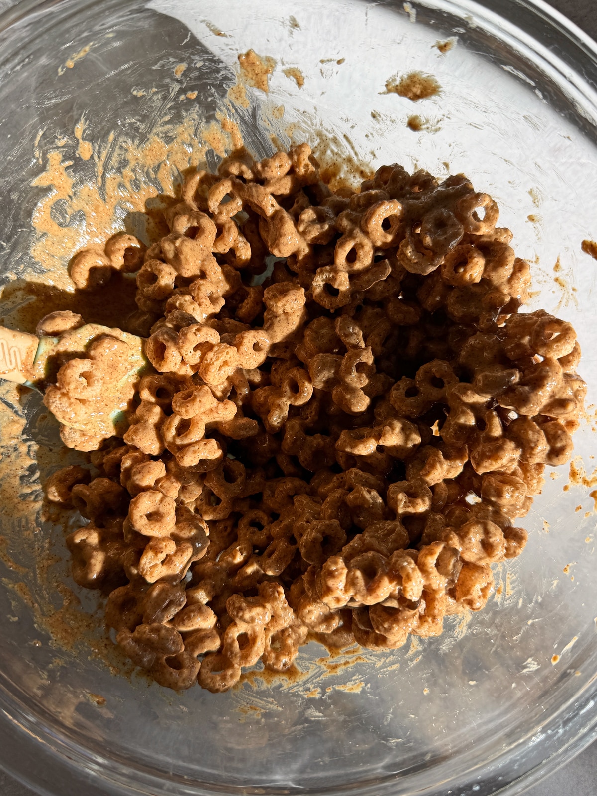 Making the cereal base in a mixing bowl.