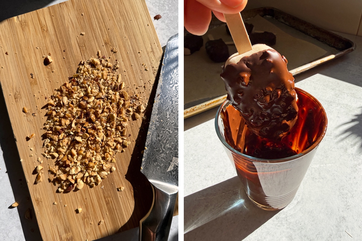 Coating the ice cream bars in melted chocolate and chopped hazelnuts.