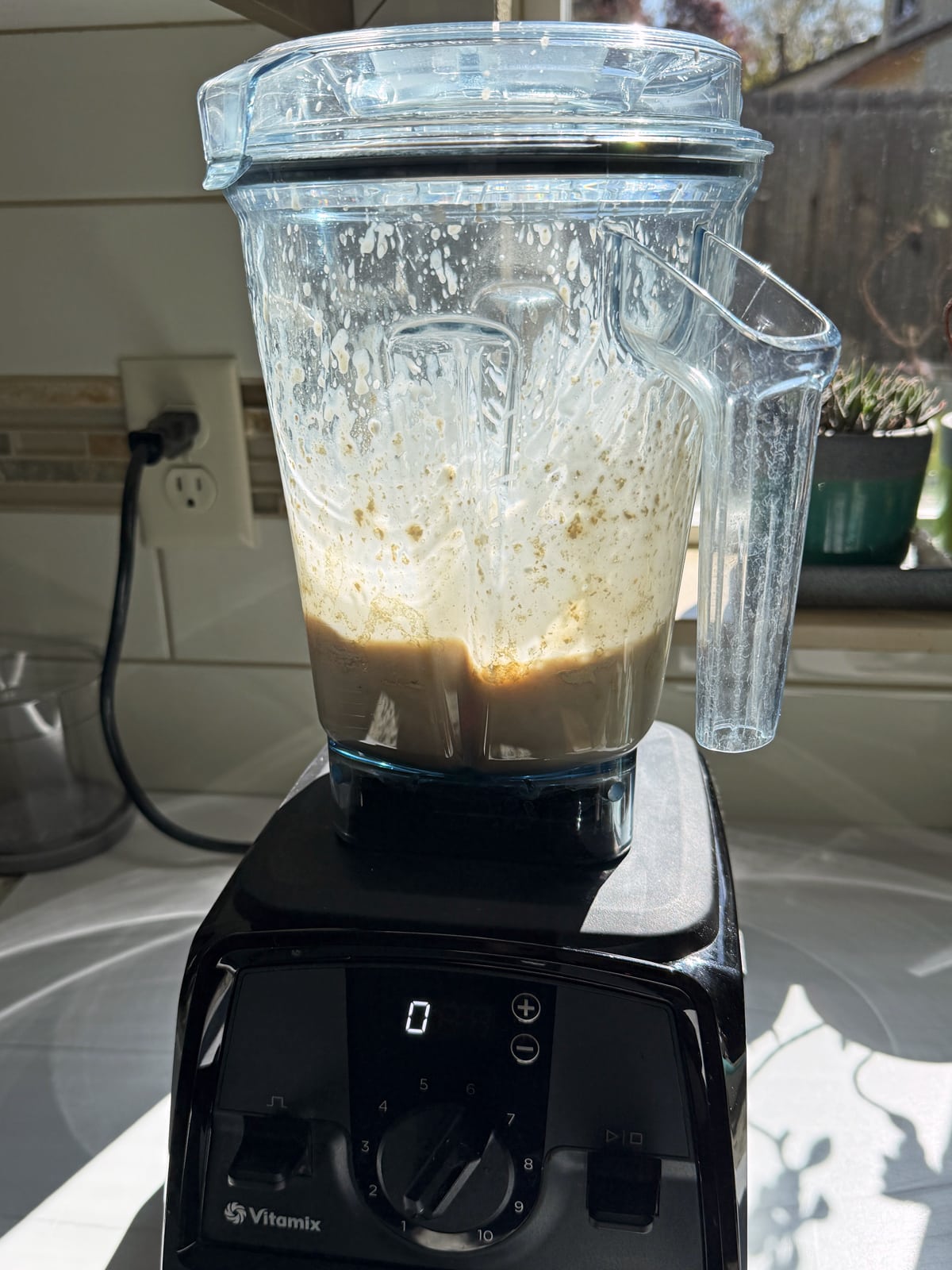 Blending the ingredients for the ice cream in a Vitamix blender.