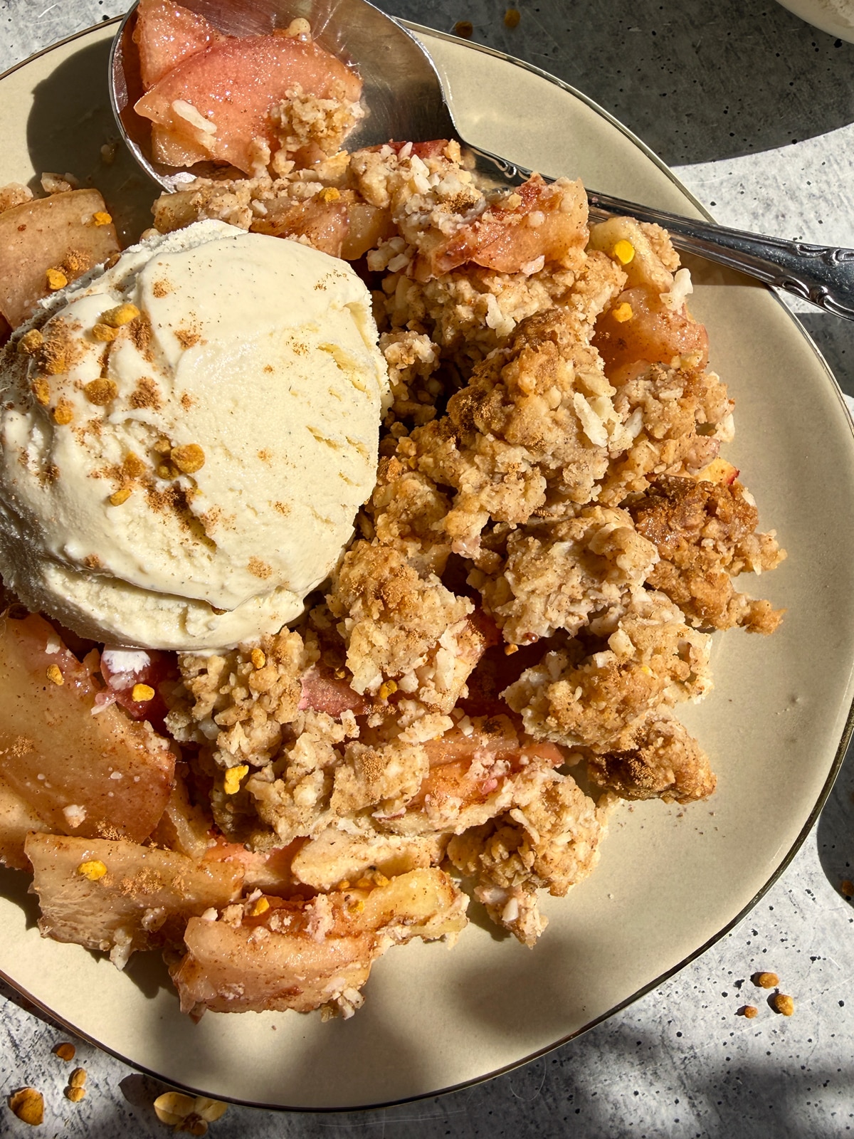 Close up of paleo apple crisp on a plate and topped with ice cream.