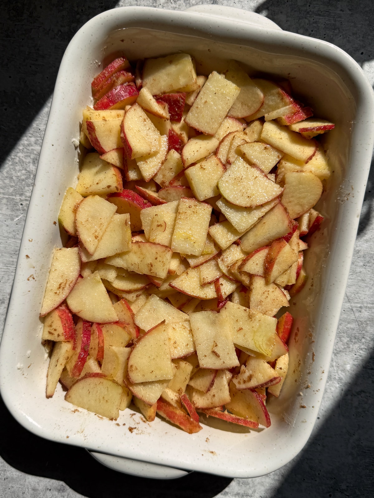 Apple filling in baking dish.