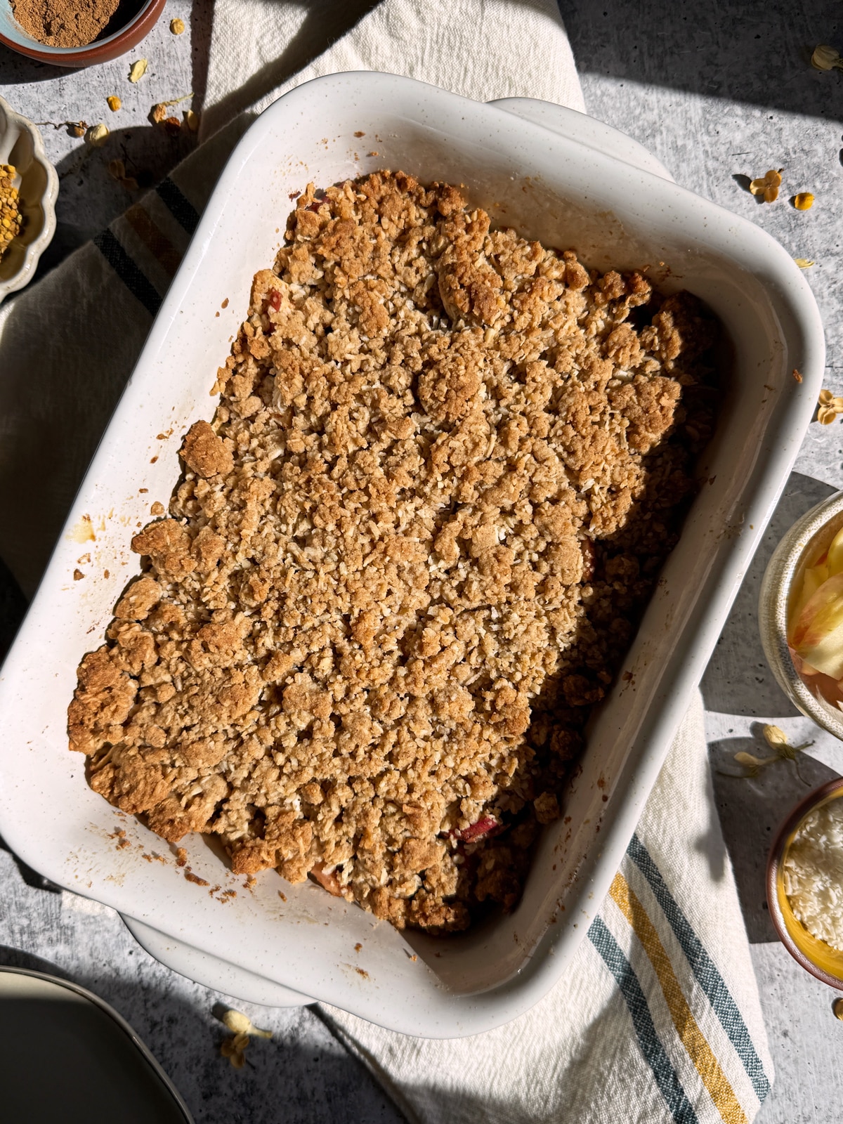 Baked apple crisp in baking dish.