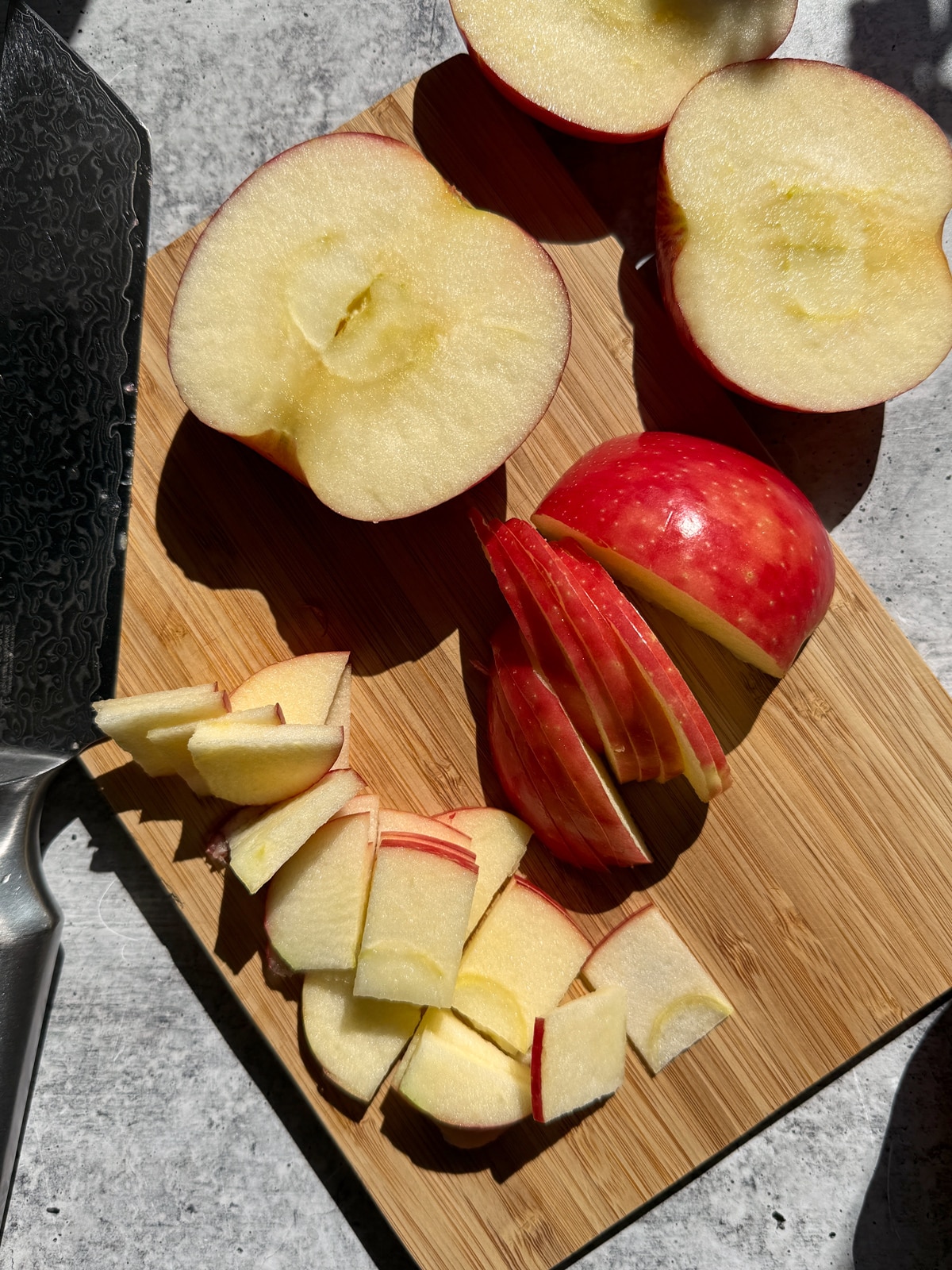 Cutting the apples for the apple crisp.