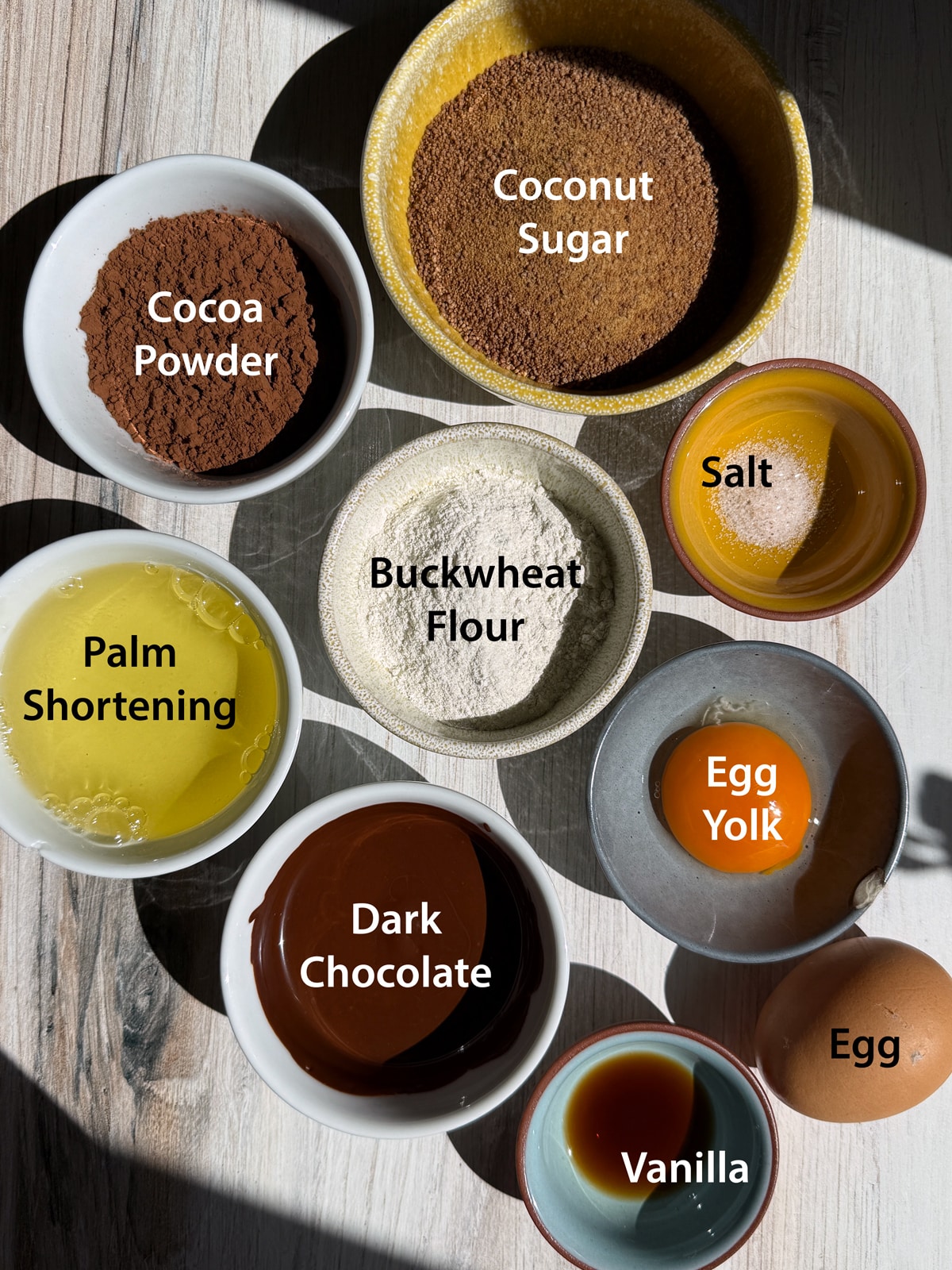 Ingredients needed to make gluten free buckwheat brownies.