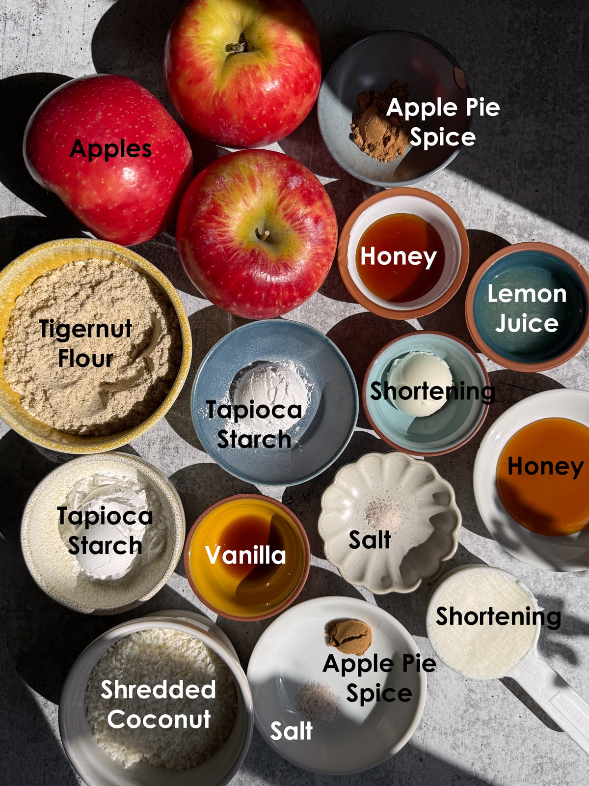 Ingredients needed to make a nut free paleo apple crisp.