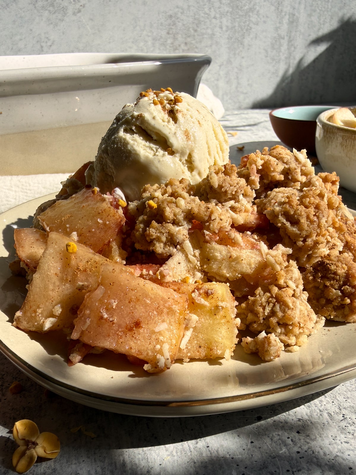 Nut free paleo apple crisp served up on a plate.