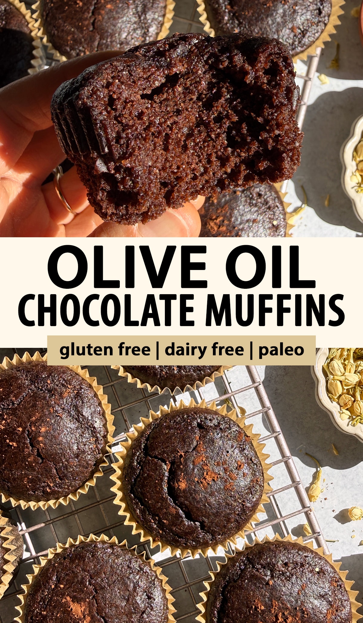 Pinterest image for olive oil chocolate muffins.