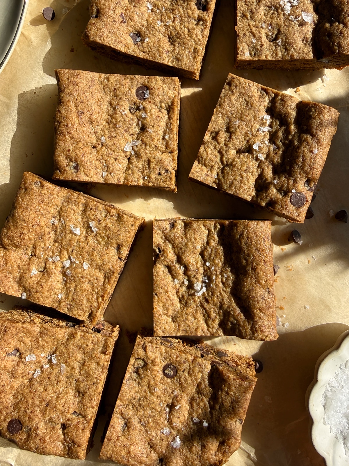 Top down view of cookie bars topped with flaked salt.