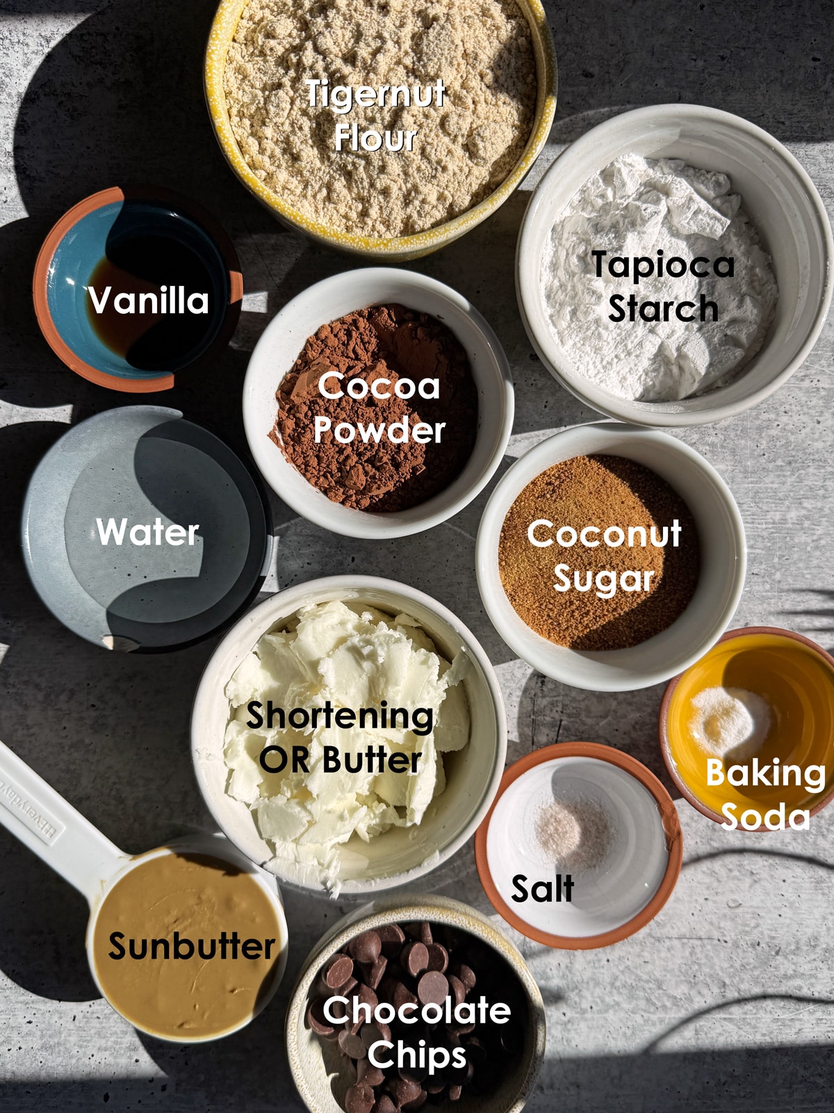 Ingredients needed to make dark chocolate cookie cups.