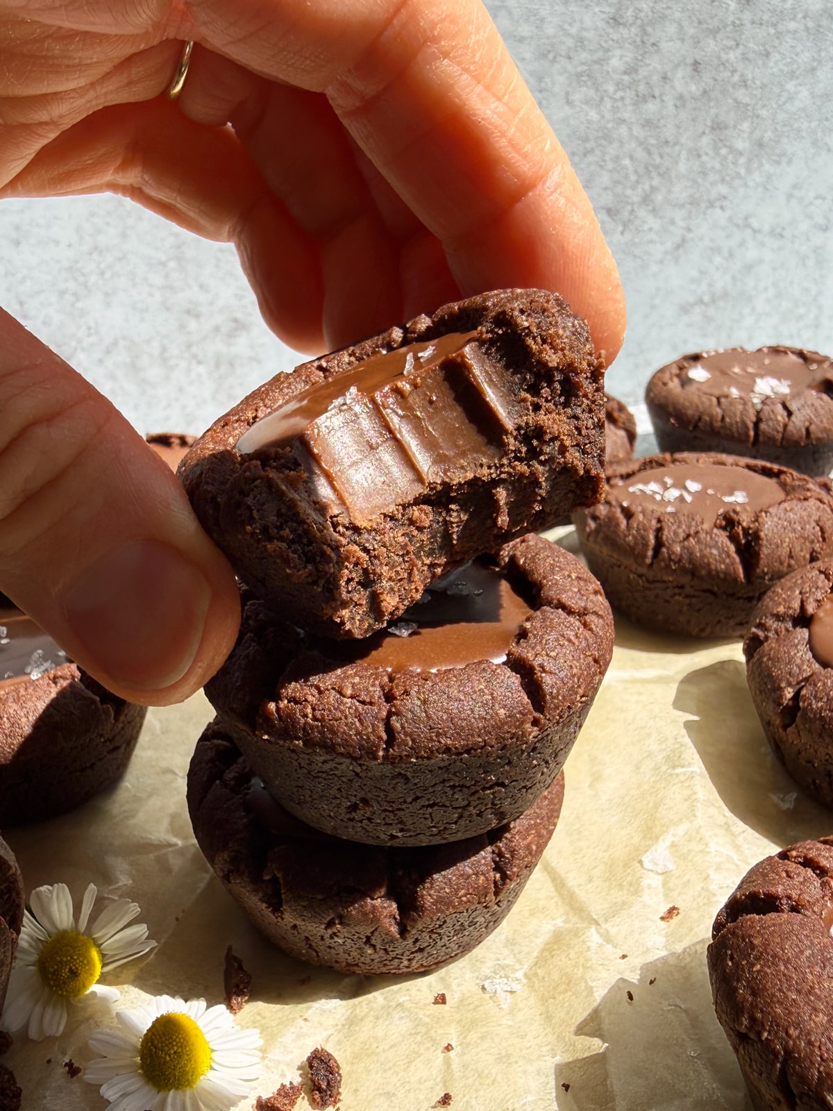 Grabbing a chocolate cookie cup.