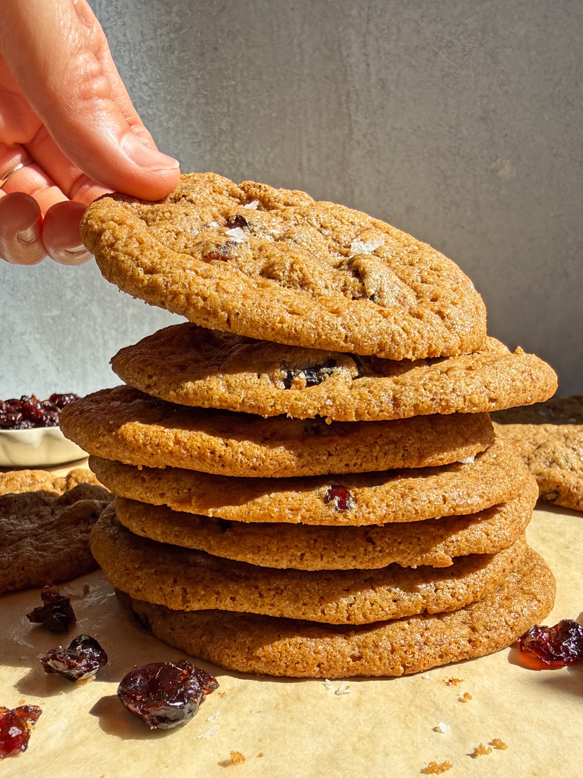 Stack of paleo cranberry orange cookies.