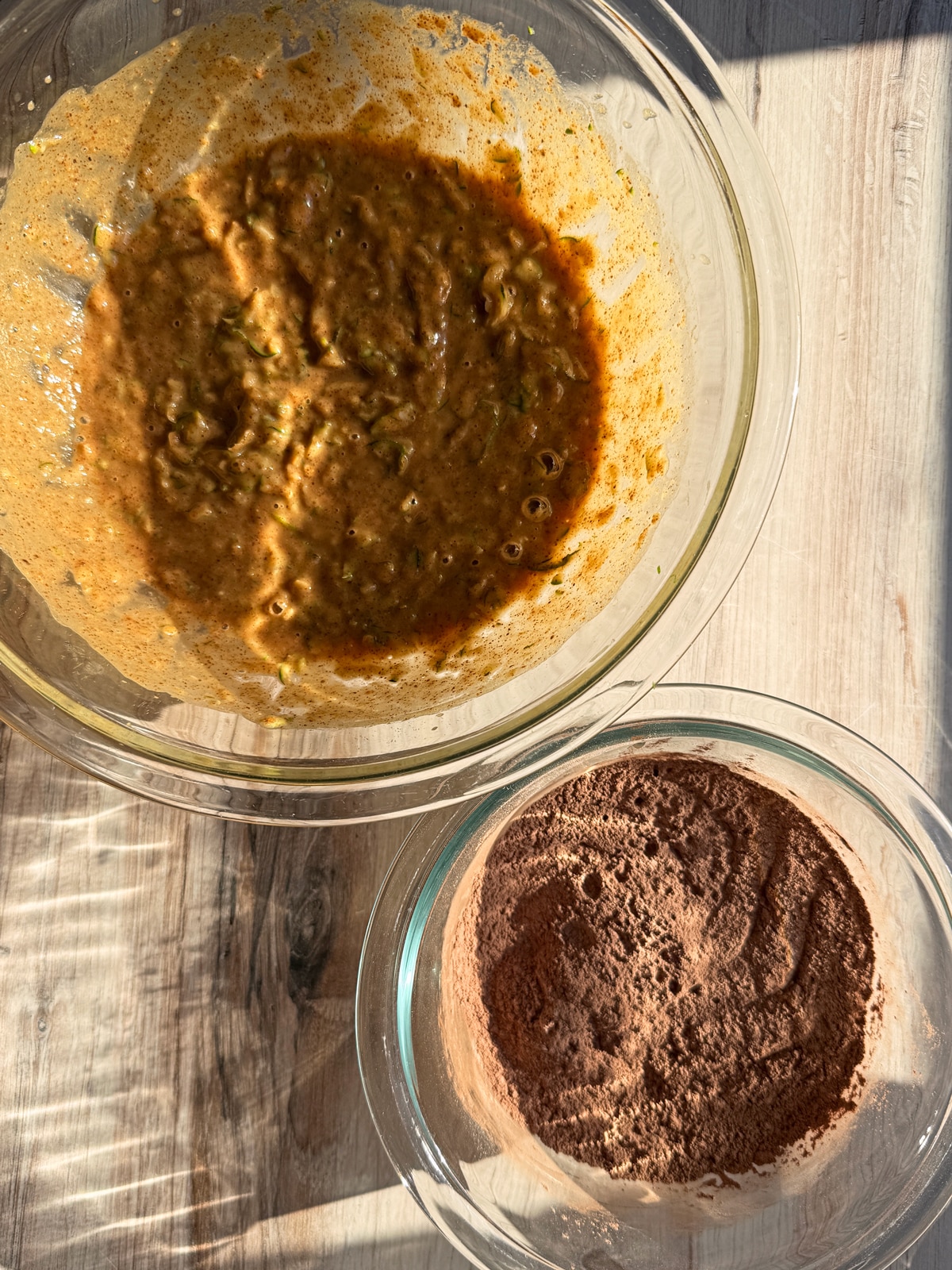 Dry ingredients in one bowl, wet in another.