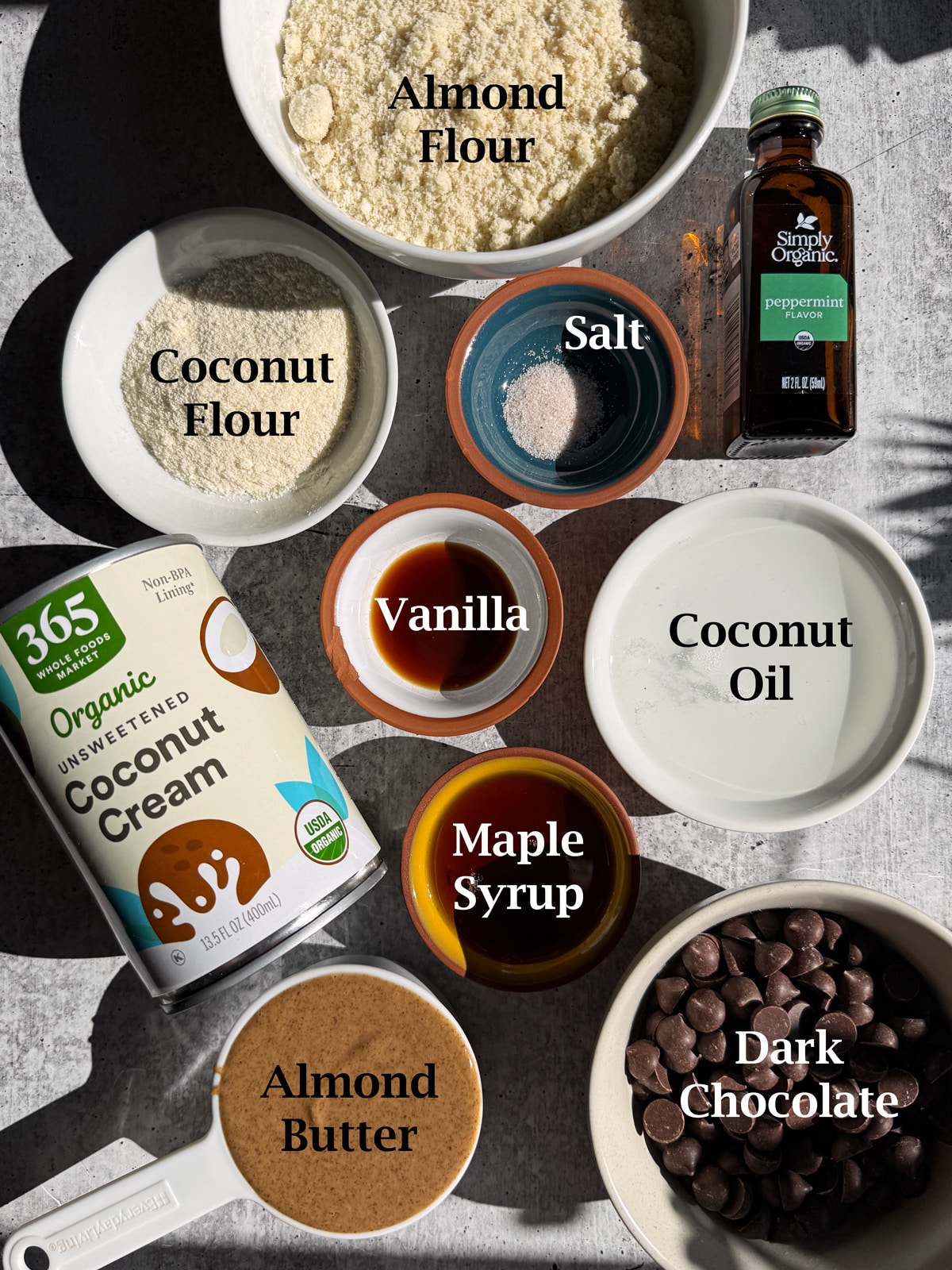 Ingredients needed to make a mint chocolate tart.
