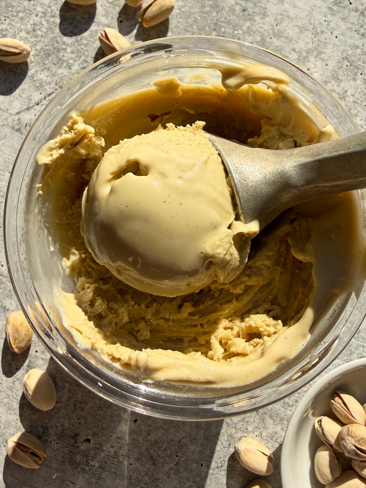 Scoop of dairy free pistachio ice cream.
