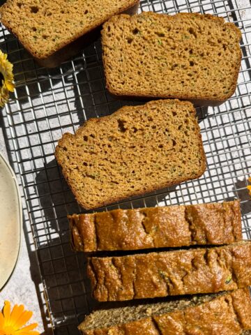 Slices of bread on wire cooling rack.