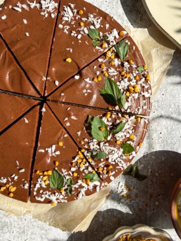 Top down view of cut tart.
