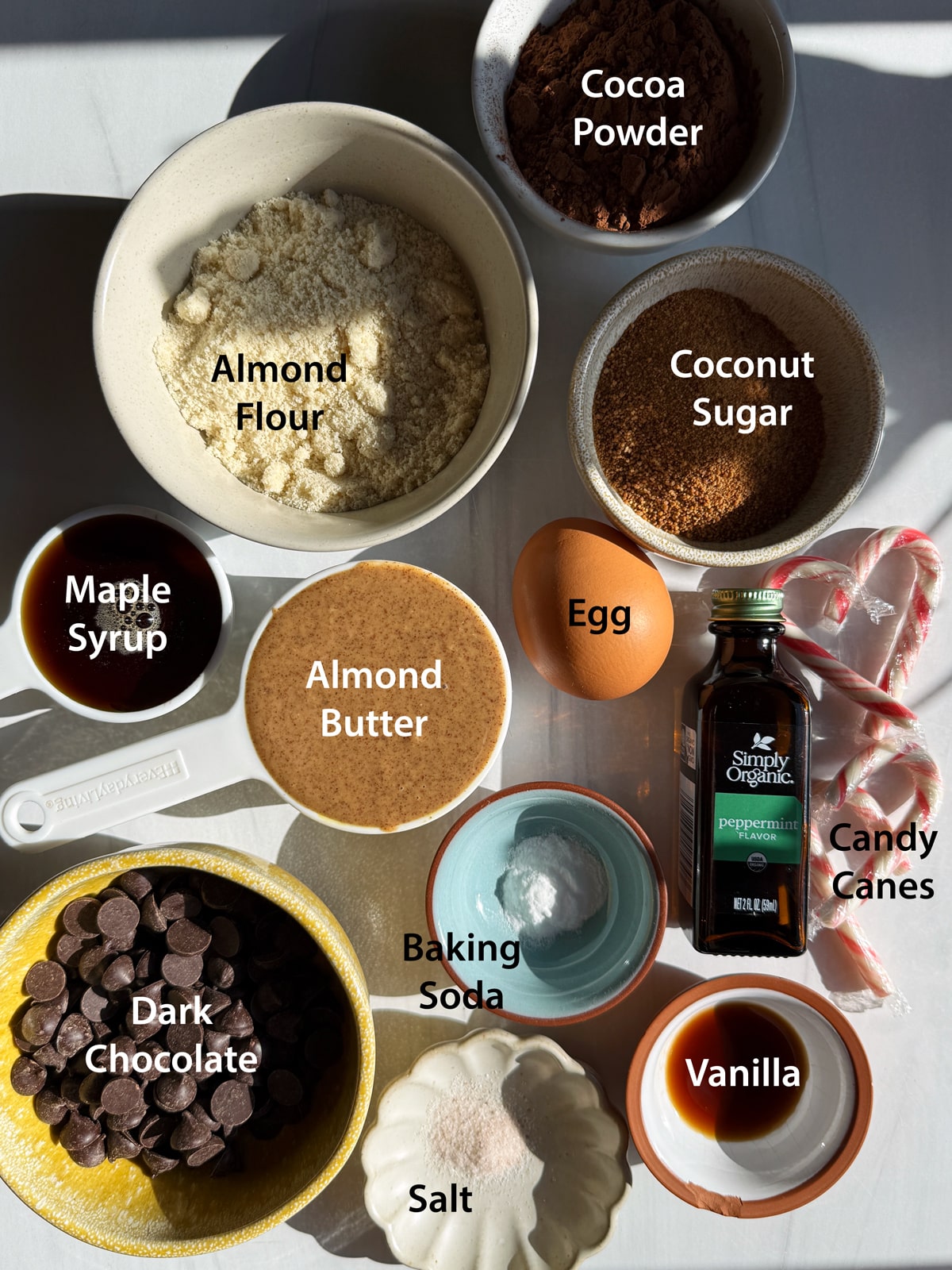 Ingredients needed to make gluten free chocolate peppermint cookies.