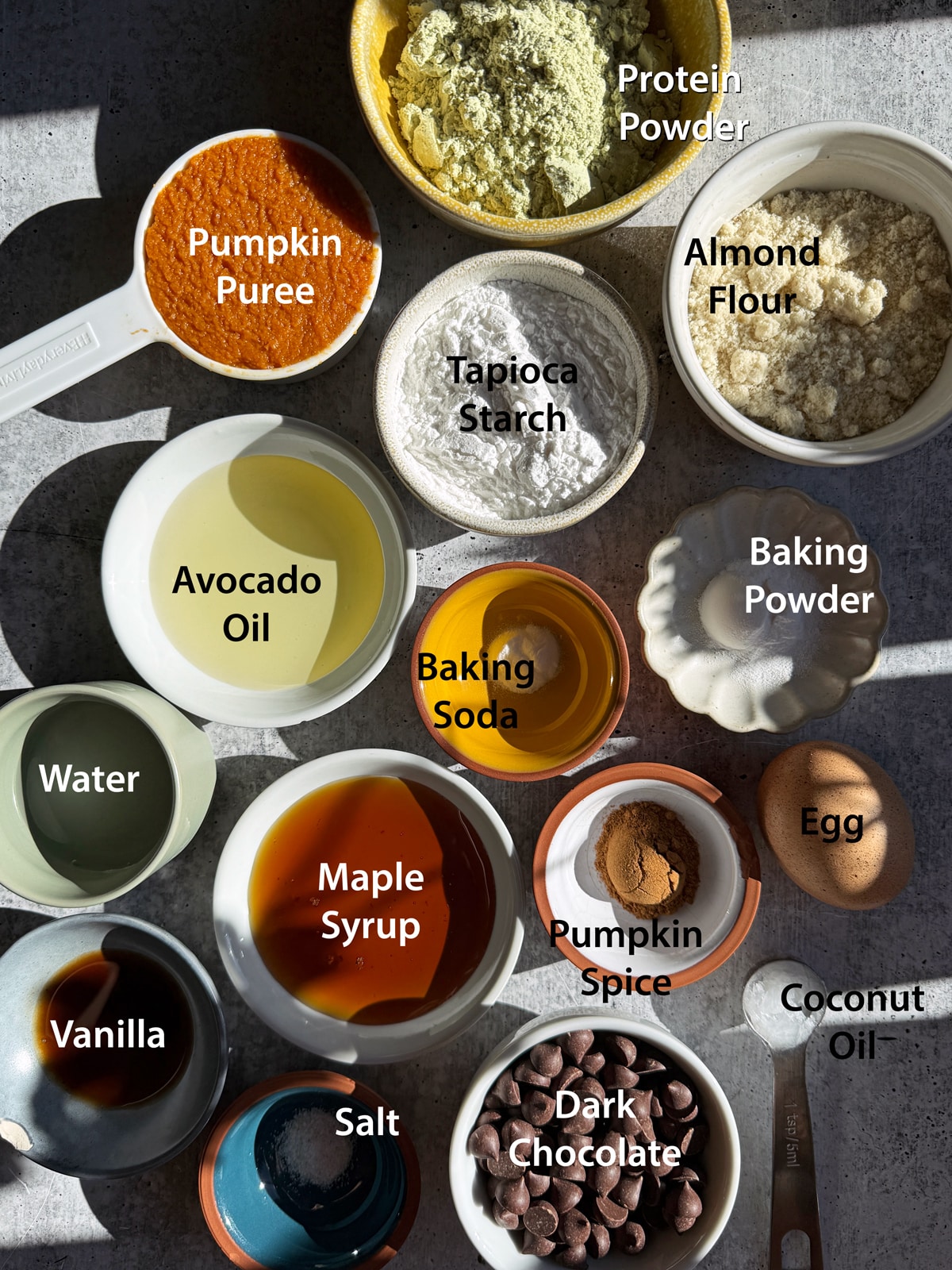 Ingredients needed to make pumpkin protein donuts.