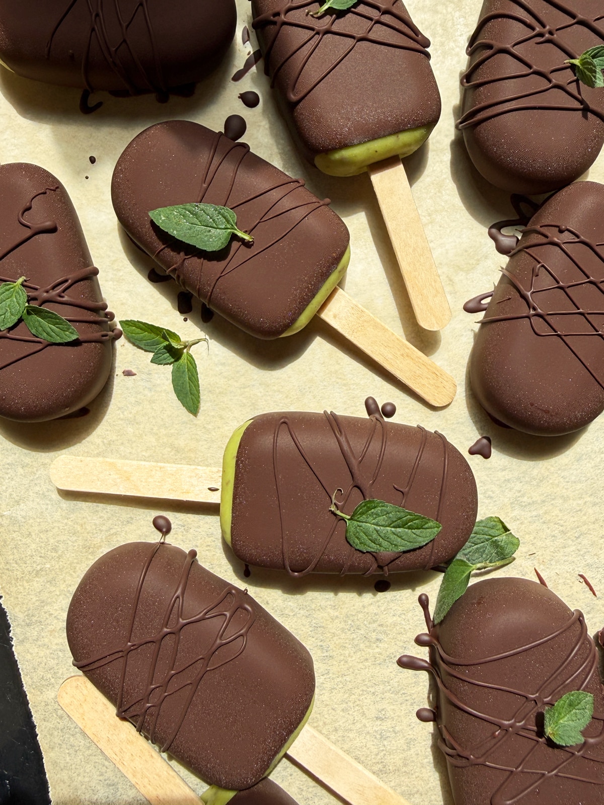Top down view of mint chip ice cream bars.