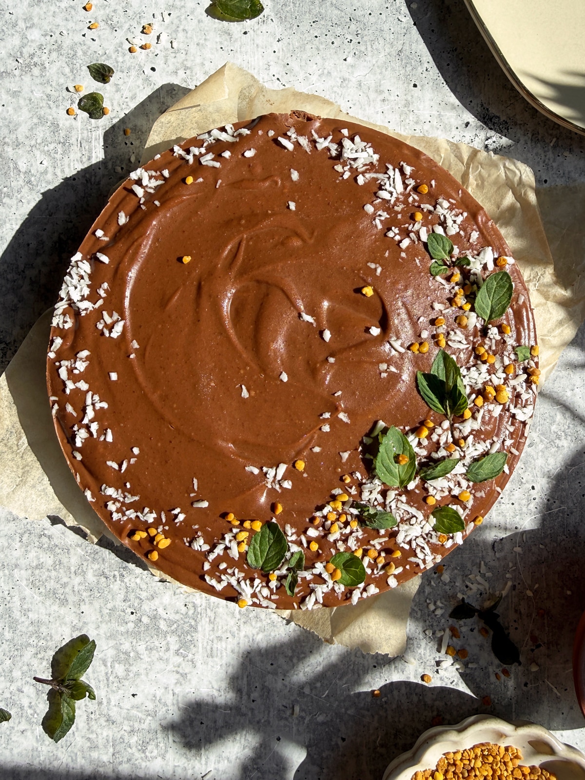 Top down view of decorated and chilled tart.