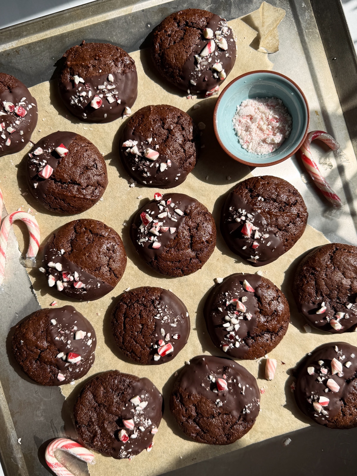 Decorated mint chocolate cookies.