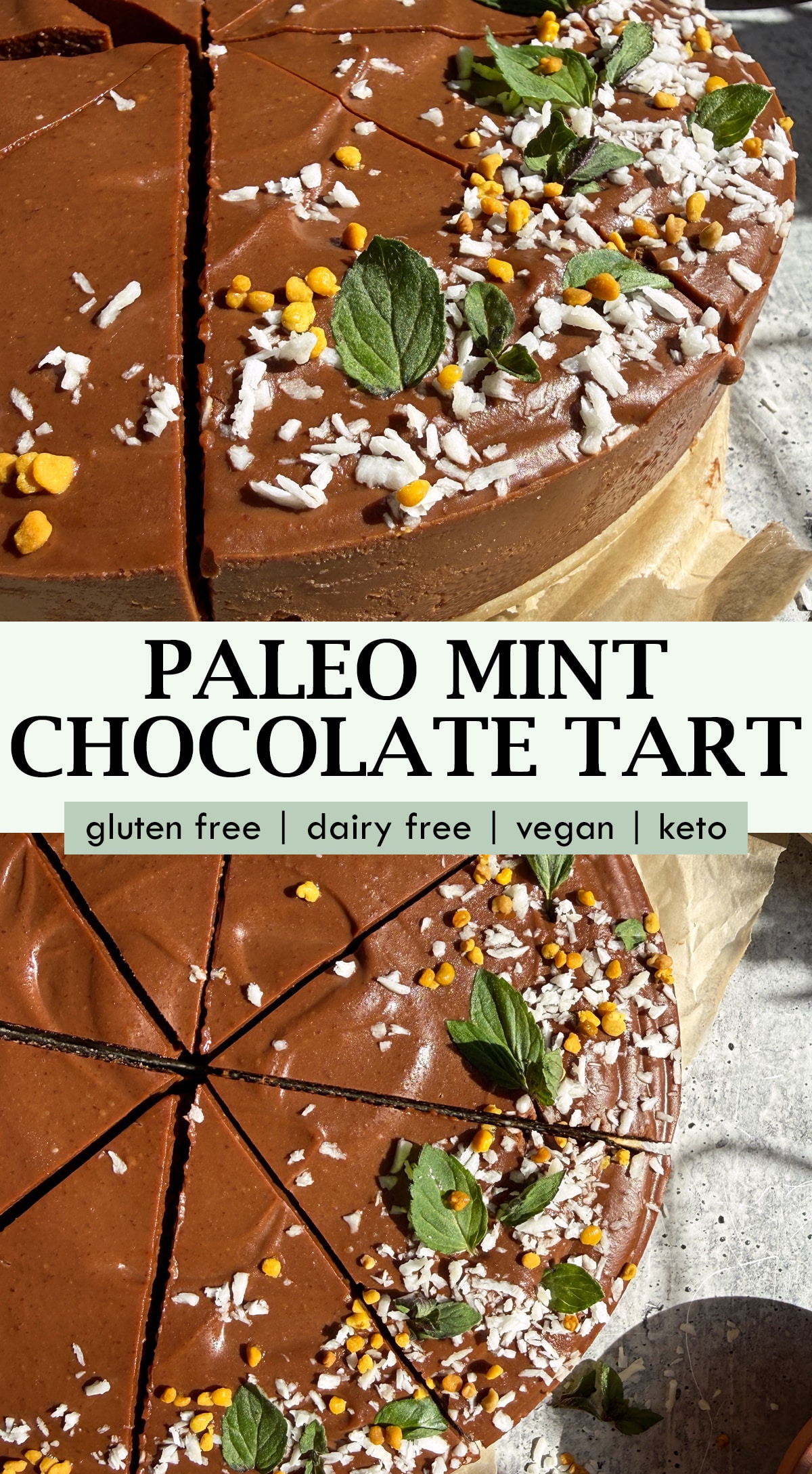 Pinterest image for paleo mint chocolate tart.