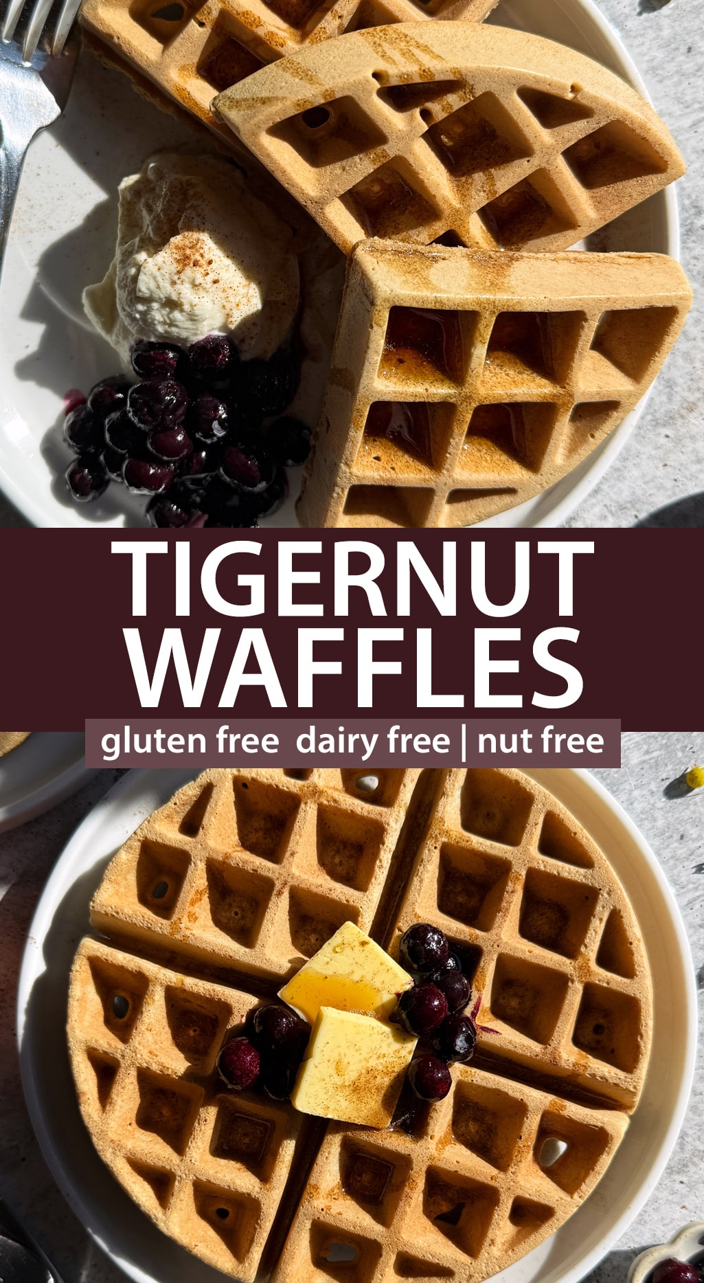 Pinterest image for tigernut waffles.