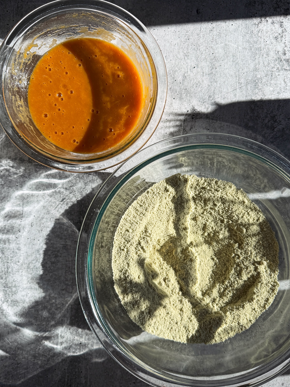 Mixed wet ingredients in one bowl and mixed dry in another.