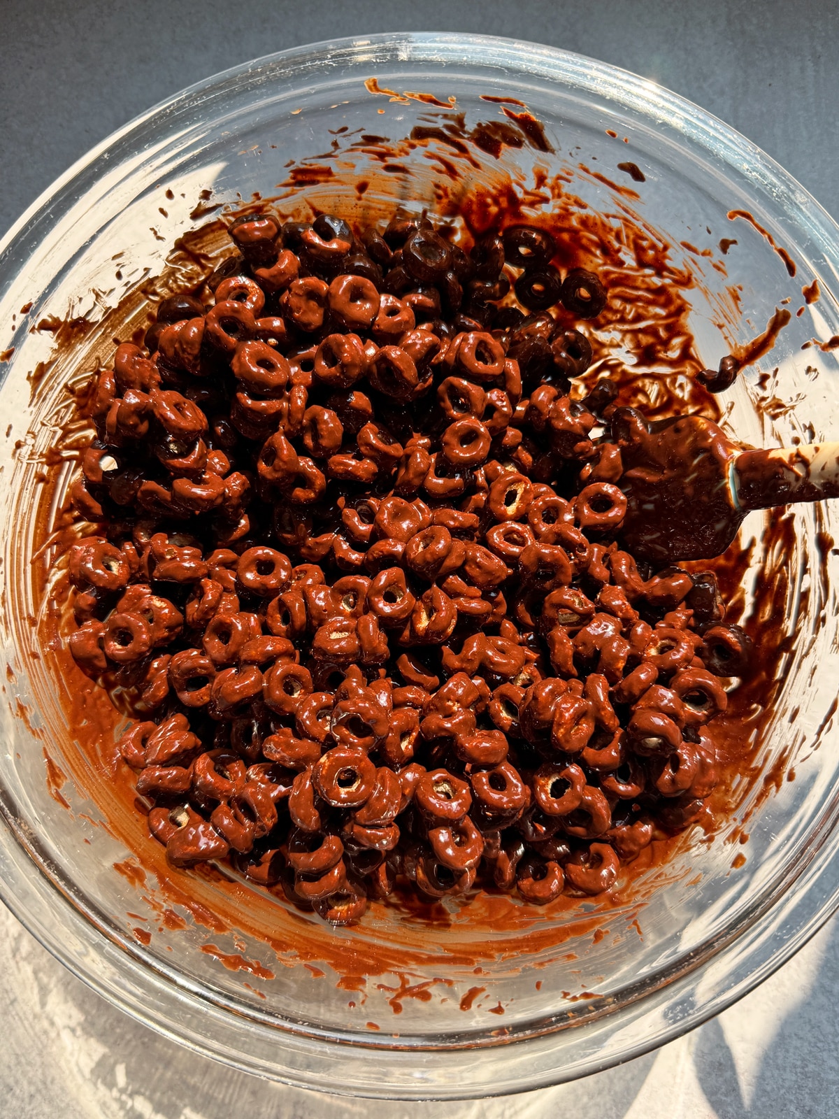 Cereal coated in the almond butter and chocolate mixture.