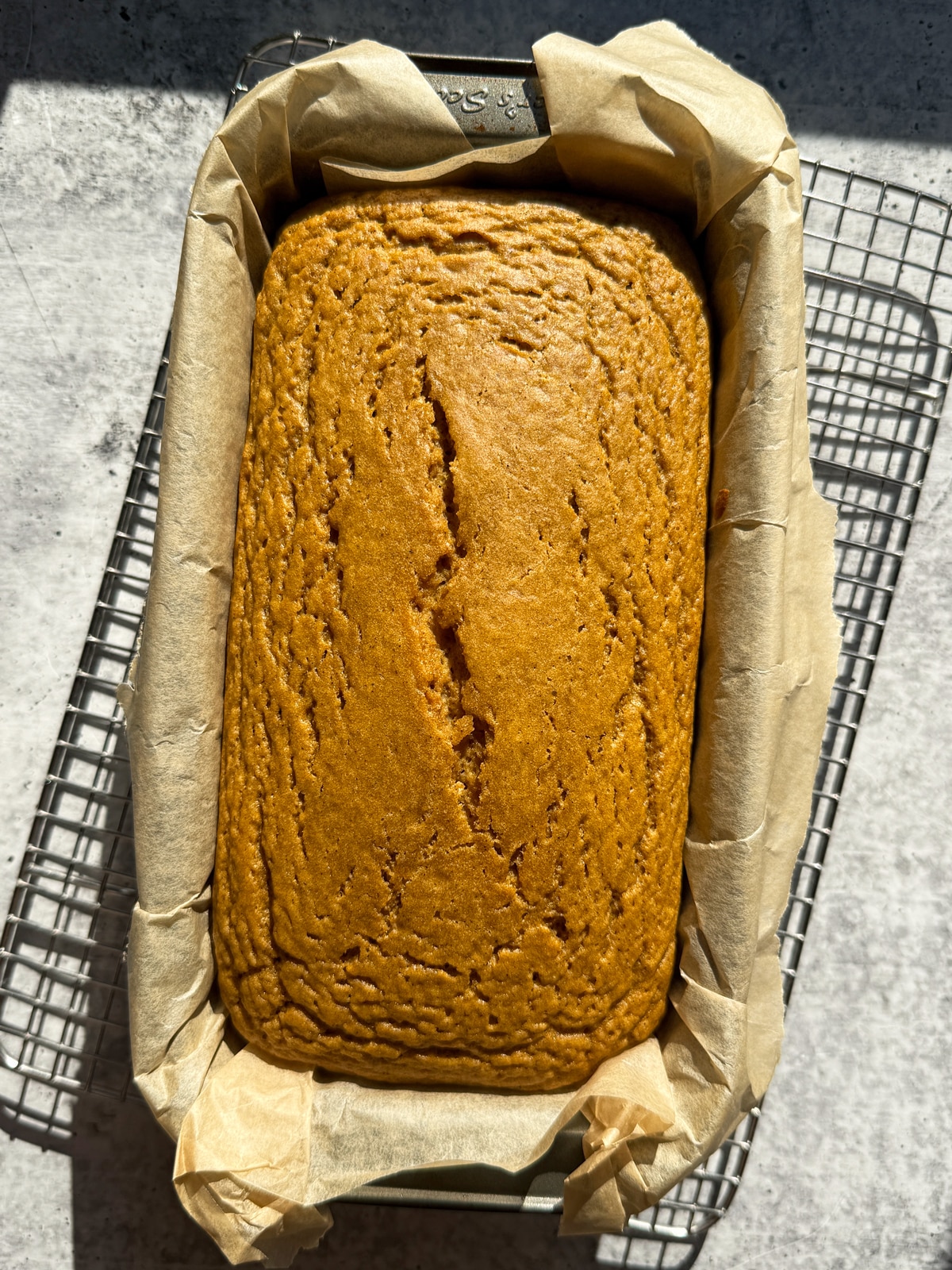 Freshly baked loaf in the loaf pan.