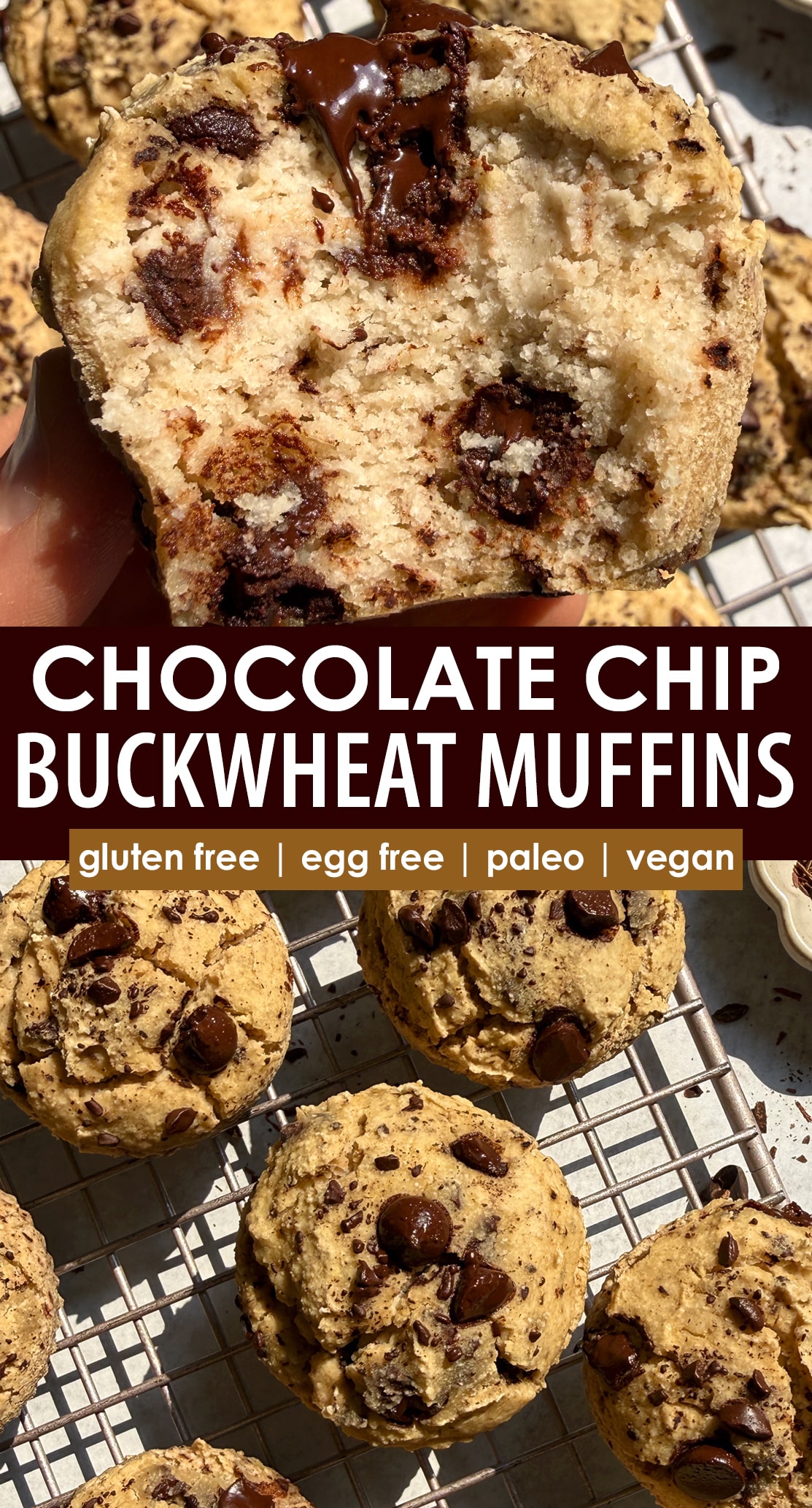 Pinterest image for chocolate chip buckwheat muffins.
